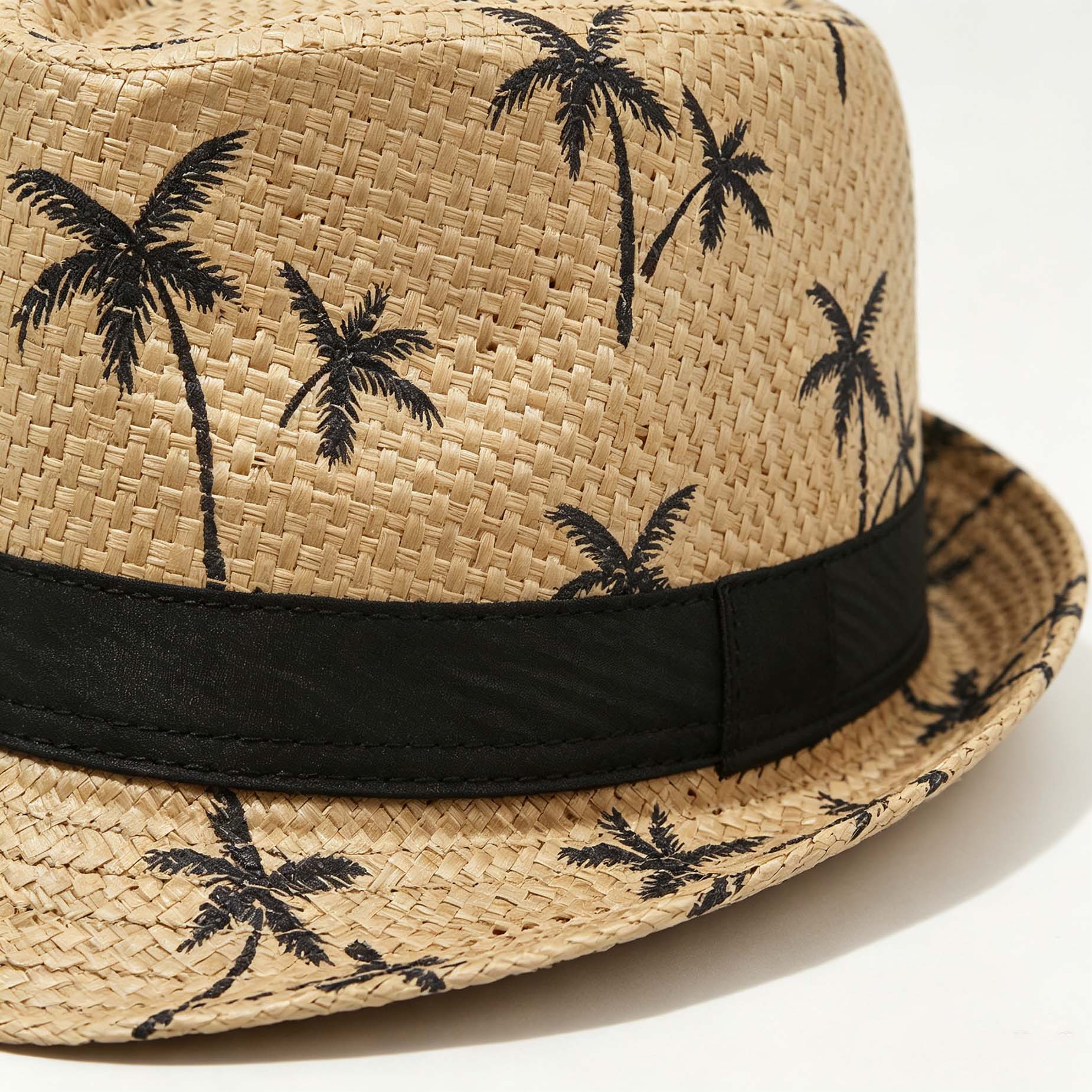 Palm Print Straw Fedora, Summer Beach Breathable Outdoor Sun Hat