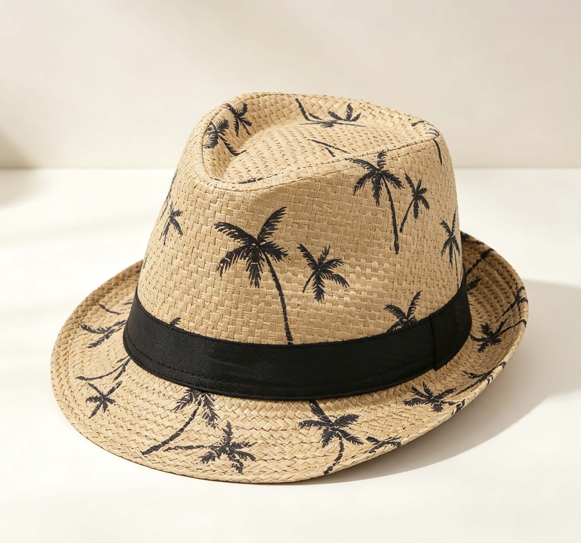 Palm Print Straw Fedora, Summer Beach Breathable Outdoor Sun Hat