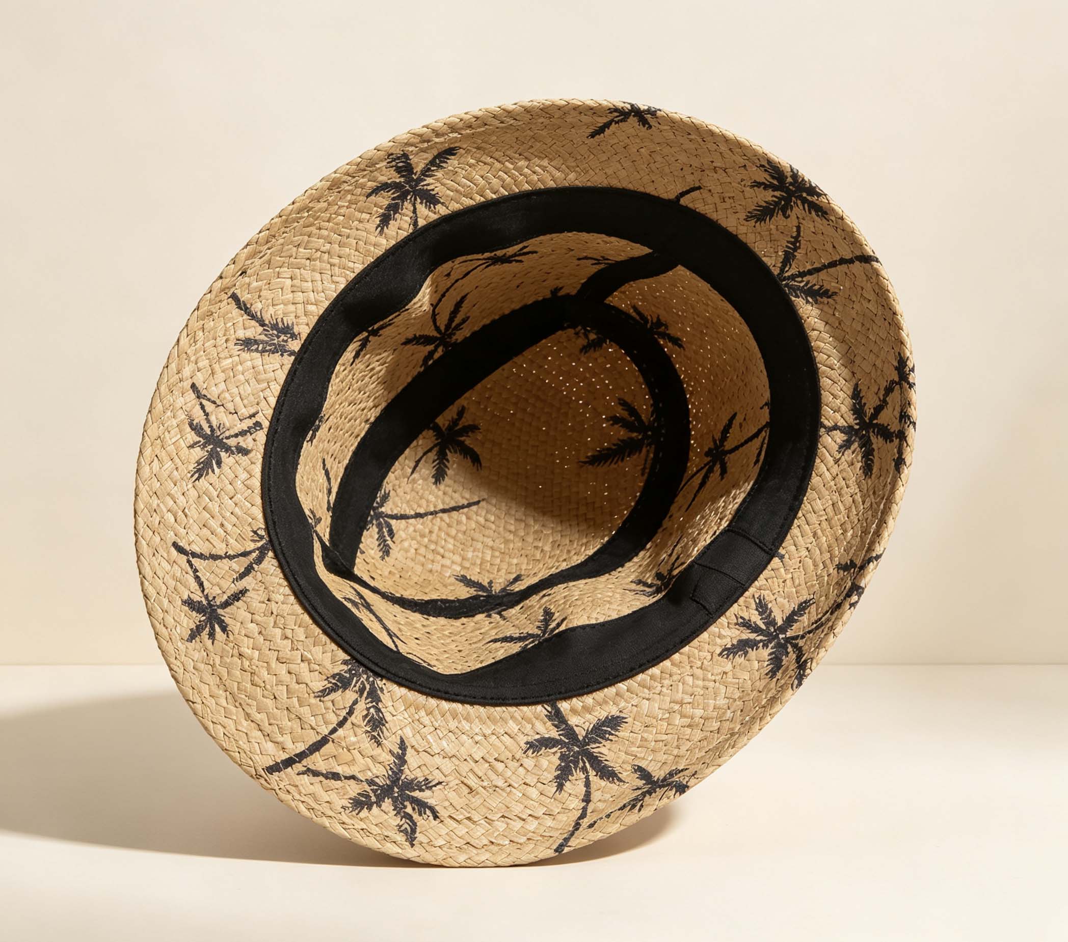 Palm Print Straw Fedora, Summer Beach Breathable Outdoor Sun Hat